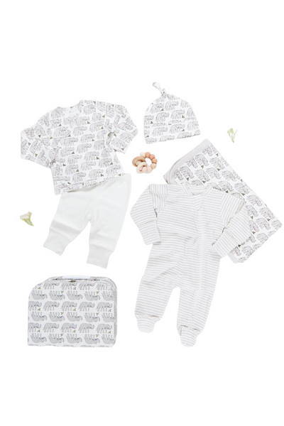 Pink Chicken - Gray Elephant Layette Set in a Nesting Box