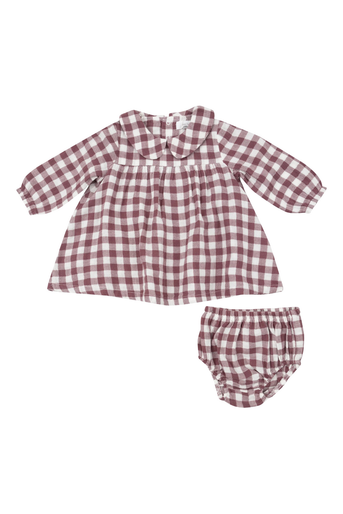 Angel Dear - Gingham Plum Peter Pan Collar Dress & Bloomers