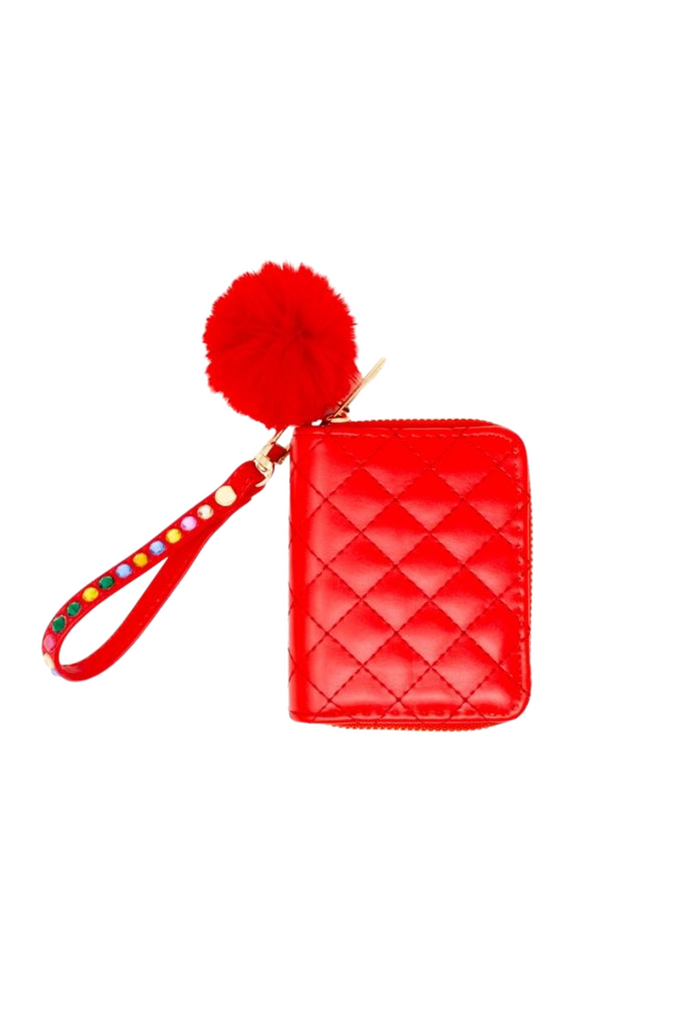 Quilted Rhinestone Strap Wallet - Red