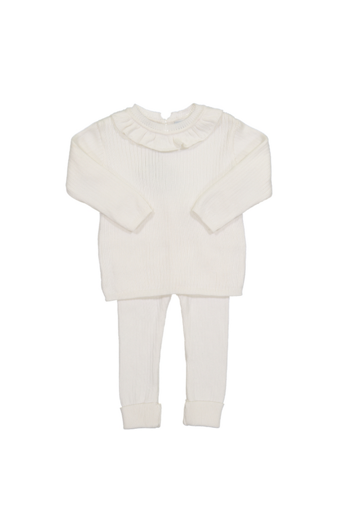 Ruffle Collar Ribbed Knit Set - Ivory